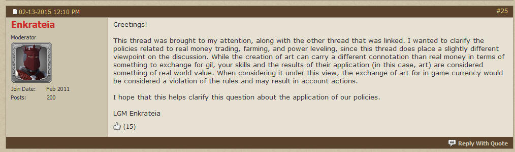 Screenshot from the Official Forums stating that Gil for Art is against the rules.